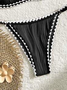 Bikinx Multi-Color Contrast Floral Trim Halter Neck Tankini Swimsuit - Black and White - View 4