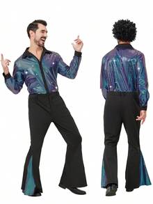 1 Set MEN's Disco Costume Vintage 80s/70s/90s Cosplay New Arrival 1970s Party Stage Performance With Hair,Necklace And Other Accessaries Christmas Party - Màu xanh lam - Xem 6