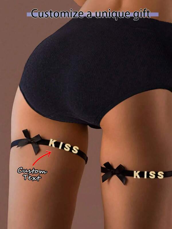 2 Stücke Damen-Oberschenkel-Strumpfband mit individuellem, sexy, einfachem Schleifen-Design, mit Ihrem Namen personalisiert, personalisiertes einzigartiges Geschenk, individuell gestaltete Buchstaben, personalisierte Gothic-Unterwäsche, einstellbarer Hüftgurt, hoher Taillengürtel für Strümpfe, Halloween