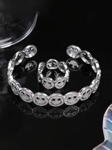2pcs Set Luxury Elegant Smiling Face Bangle And Ring Set, Fashion Minimalist Copper Alloy Cubic Zirconia Jewelry Set, Valentine's Jewelry Gift