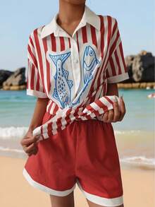 波西米亚海滩度假风宽松条纹鱼鳞印花纽扣松紧腰短裤休闲套装，适合早午餐，女士 - 紅色 - 查看 3
