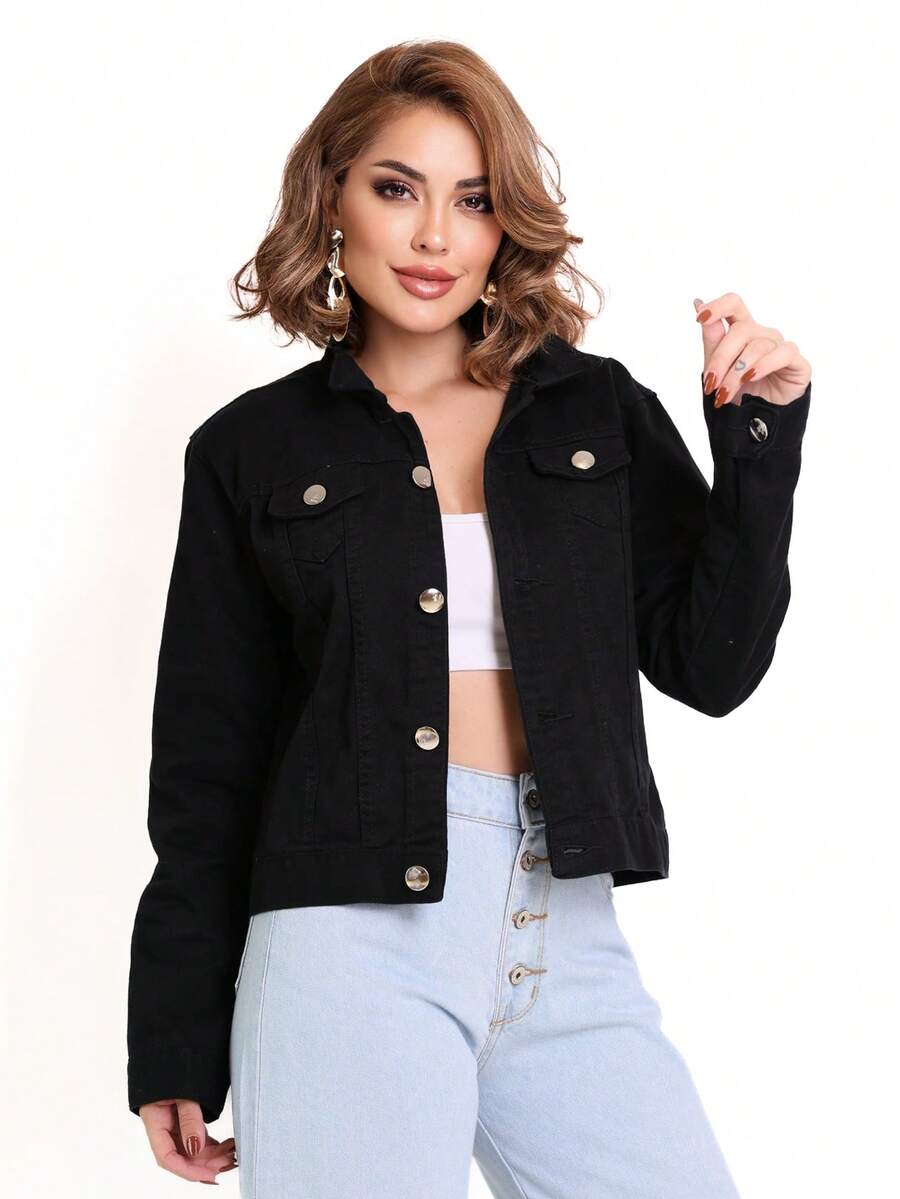 Women's Fashion Denim Jacket - Black - View 1