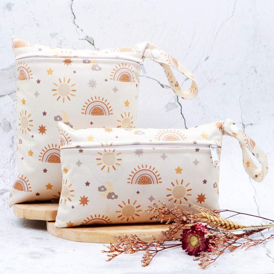 2 Pcs Digital Prints Cloth Diaper Bag Set Zipper Pocket Multi-Functional Washable Bags, For Travel Storage Wet Bags - Multicolor - View 1