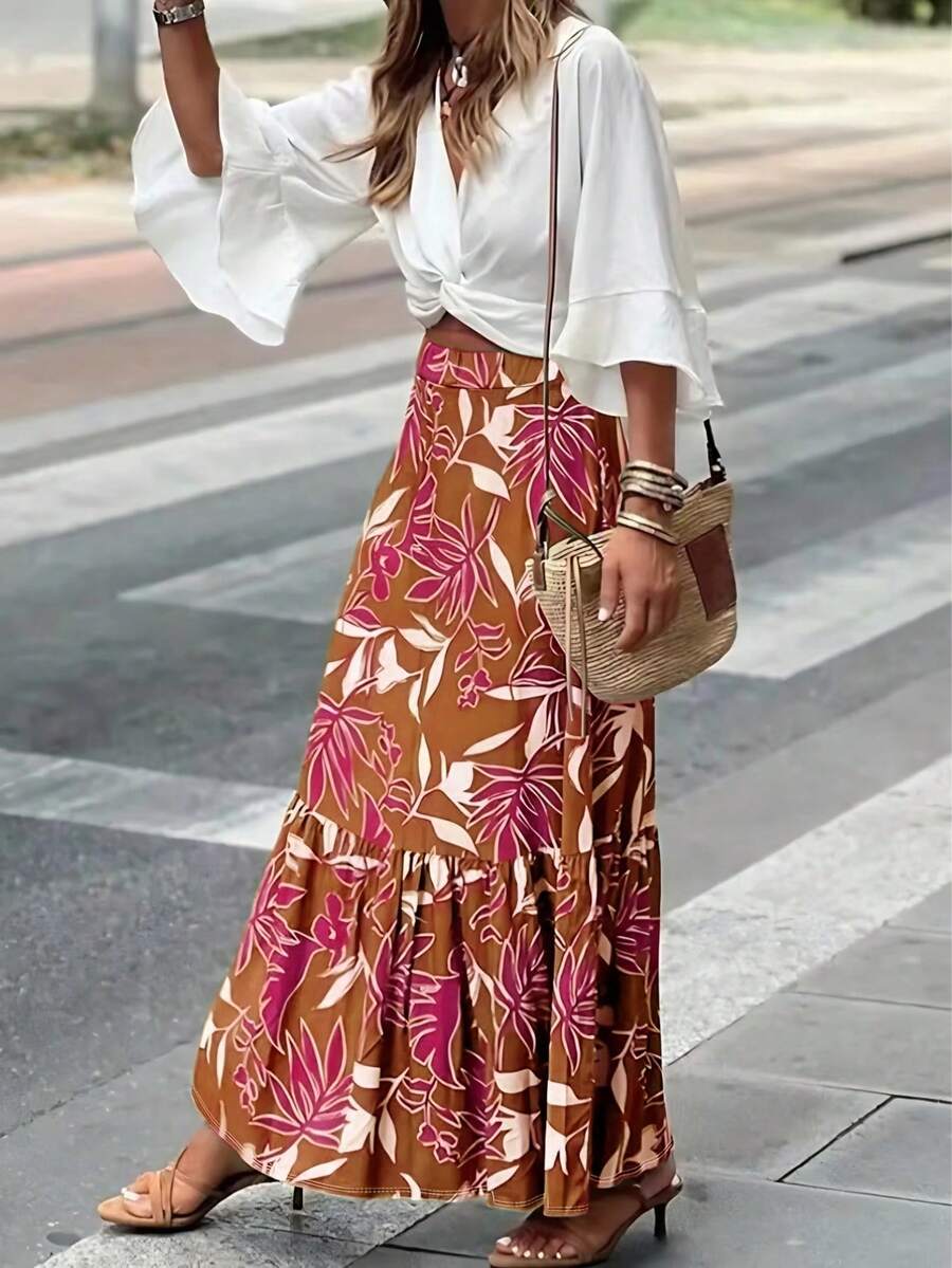 Falda de mujer con volantes y estampado de plantas tropicales, adecuada para vacaciones - Rojo - Ver 1