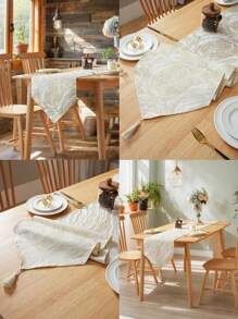 1 pièce de chemin de table jacquard minimaliste nordique avec pompons, convient pour les anniversaires, mariages, tables à manger de maison, meubles TV, tables basses, salons, cuisines, chambres à coucher et autres décorations de maison, décorations pour rassemblements familiaux, décorations de table à manger, décorations de chambres esthétiques