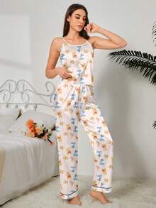 2 Pieces Disney Winnie The Pooh Cartoon Cute Casual Camisole & Pants Pajama Set - White - View 4