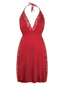 Women'S Sexy Lingerie V-Neck Lace Detail Backless Pajama Dress, Thigh Slit Knit Polyester Slip With Contrast Lace, All-Season Comfort, 95% Polyester 5% Spandex, Perfect For Valentine'S Day & Christmas Gifts - Burgundy - View 5