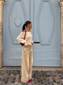 Solid Color Off Shoulder Casual Long Sleeve Knit Top, Autumn/Winter