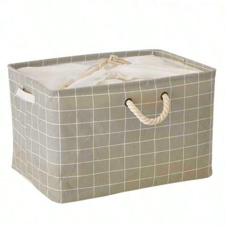带盖抽绳亚麻防水收纳盒，适用于家居收纳，可折叠脏衣篮，柔软亚麻质感面料，防潮且可折叠平放，便携式衣柜收纳箱，是卧室、宿舍、公寓的理想之选，可将脏衣服分类存放并隐藏，坚固的框架，内部易于清洁，多功能收纳和旅行伴侣，实用洗衣篮和亚麻布收纳篮，配有方便的抽绳封口。 - 灰方格束口 - 查看 6