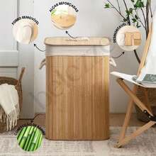 Bamboo Laundry Basket With Lid And Handles 50 Liters Large Multipurpose Laundry Organizer - 米色 - 查看 2