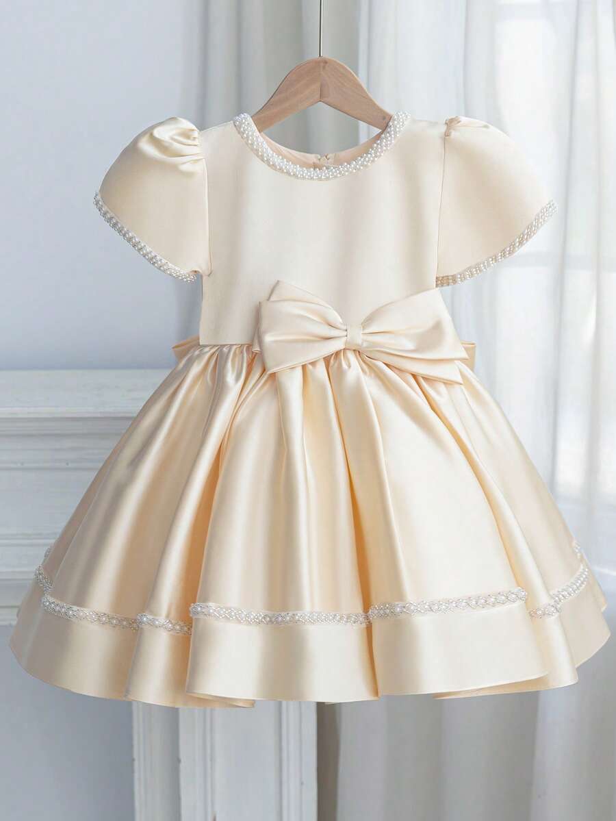 Champagne Girls Formal Dress With Large Bow, Birthday Party Wedding Bridesmaid Dress - Champagne - View 1