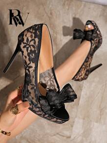 2025 New Open Toe Peep-Toe Mesh Lace Embroidery Bow Waterproof Platform Sandals Female Sexy Stiletto High Heels