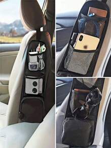 1 Stück Autositz-Organizer Tasche in Schwarz, Auto Aufbewahrungstasche mit vielen Fächern, Netz-Hänge-Aufbewahrungstasche für Autositz, Seitentasche mit Getränke- und Handyhalterung, Mehrzweck-Aufbewahrungstasche, Autoaccessoires, Reisezubehör