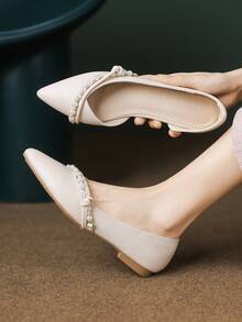 女士平底乐福鞋，新款时尚户外一脚蹬平底鞋，尖头，珍珠水钻装饰，芭蕾平底鞋，纯色女士穆勒鞋，舒适软底软皮船鞋，法式休闲乐福鞋 - 糯米白色 - 查看 4