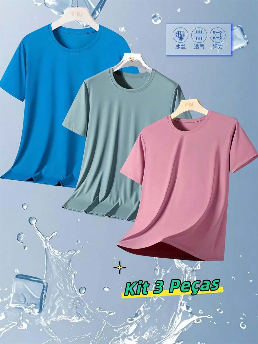 Kit 3 Men's T-Shirts Short Sleeves Breathable Mesh Quick-Drying Ice Silk - Royal Blue - View 1