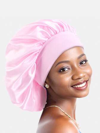 1入女士彈性頭帶缎質寬邊睡眠帽，直徑36cm，適用於日常使用、廣告、美容和護髮，絲綢護髮帽