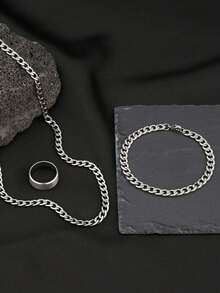 3 件套银色链手链、项链和戒指套装，适合日常佩戴和度假，是送给他的最佳生日礼物 - 銀色 - 查看 3