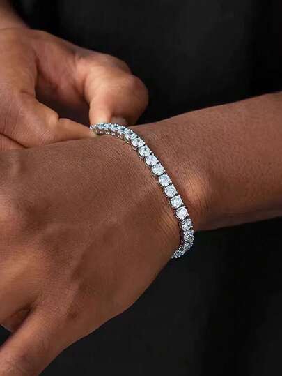 Gelang Rantai Tenis Zirkonia Berkilau untuk Pria, Gaya Eropa & Amerika