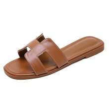 Womens Flat Sandals Open Toe Dressy Summer Sandals Comfortable Casual Slip On Leather Slides Sandals For Women AI-Sandal - màu nâu - Xem 5