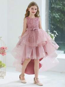 少女优雅亮片拖尾薄纱公主裙，适合生日派对、婚礼、花童、舞会、节日场合 - 粉色 - 查看 6