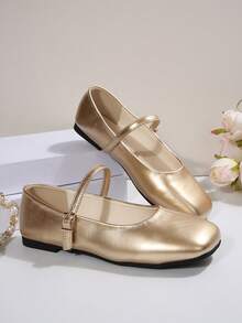 女士简约扣饰芭蕾平底鞋，时尚优雅的玛丽珍鞋，适合春秋冬四季。橡胶鞋底柔软耐用，提升足部舒适度。适合搭配工装、学生制服、休闲装、旅行装、优雅装扮。经典柔软舒适，体验非凡 - 金色 - 查看 3
