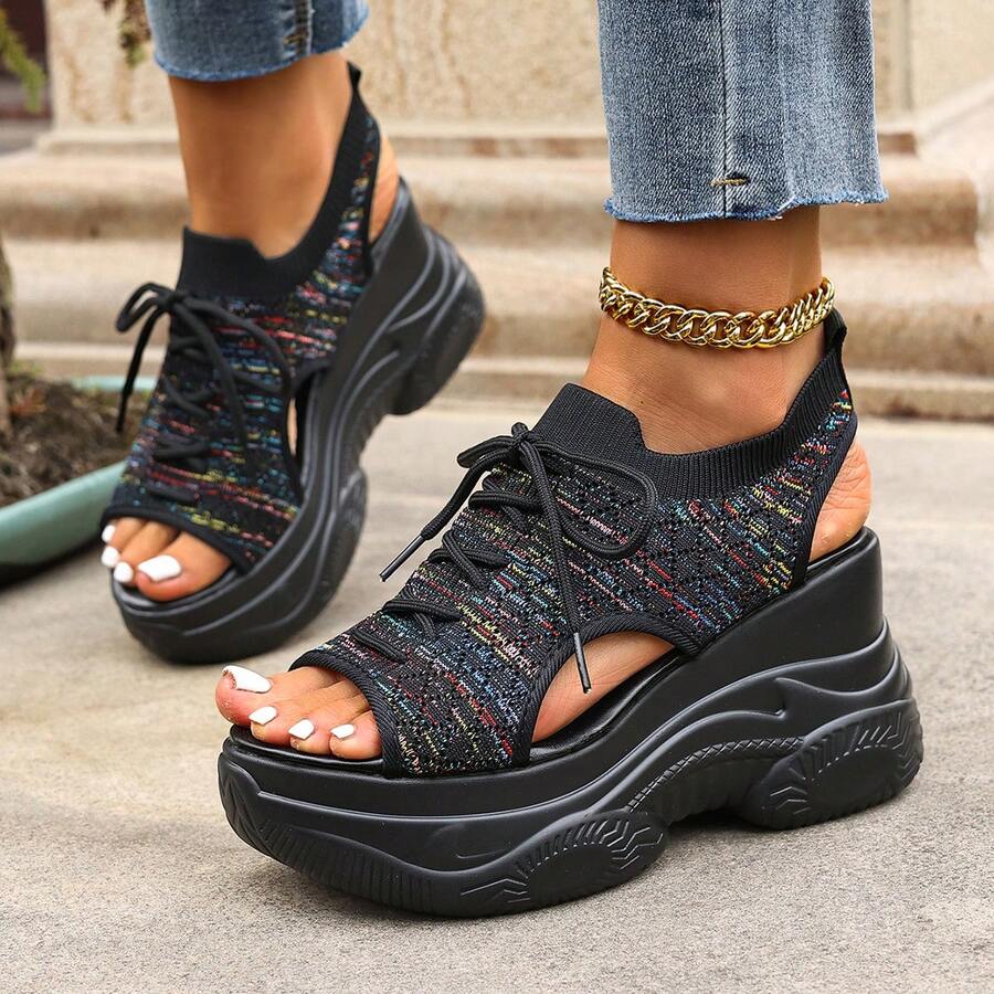 2025 Neue Sommer Mode Sport Keilsandalen für Frauen, Dicke Sohlen High Heels, Stylisch & Verschlankend - Schwarz - Übersicht 1