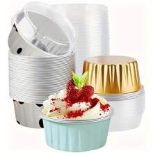 Mini Baking Tray With Lid - Disposable Aluminum Foil Square Cup, Suitable For Cupcakes, Brownies, Muffins And Desserts - Perfect For Weddings, Parties And Kitchens, Essential For Kitchen Baking | Modern Kitchenware | Ribbed Texture Cup