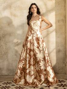 Faeriesty Printing Vintage Square Neck Sleeveless Floral Print Dress With Back Tie Closure - Flowy Feminine Design For Spring Summer, Garden Parties, Weddings & Evening Events,Vacation Essentials - Khaki - View 4