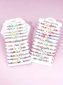 12pcs Assorted Girls Colorful Soft Clay Cartoon Braided Bracelets, Random Color & Style Mix Set