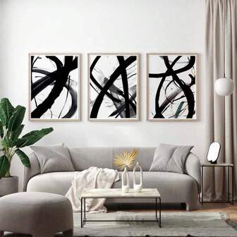 3PCS Wall Arts Prints Abstract Black White Living Room Prints Modern Home Decor Prints Neutral Minimal Bedroom Wall Art Posters Optional Frame