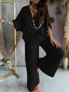 Women's Spring/Summer Clothing Solid Color V-Neck Bat Sleeve Casual Simple Loose Wide Leg Pants Set - 黑色 - 查看 2