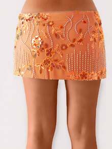 Womens Sequin Beaded Mini Skirt Y2k Sparkly Floral Low Rise Bodycon Short Skirt Pearl Embellished Slim Fit Pencil Skirt Micro Skirt Bling Glitter Rhinestone Going Out Skirts Party Club Streetwear - 橘色 - 查看 2