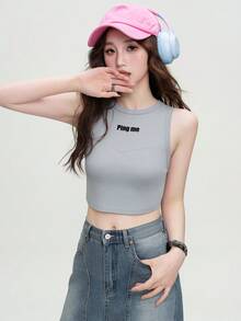 女士棉质无袖短款背心，修身美式风格，百搭夏装 - 23CH1114淺藍色 - 查看 5