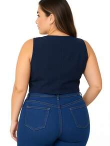 Short Vest Plus Size Tailored Women's Lined Social Chic Buttons - Màu xanh hải quân - Xem 2
