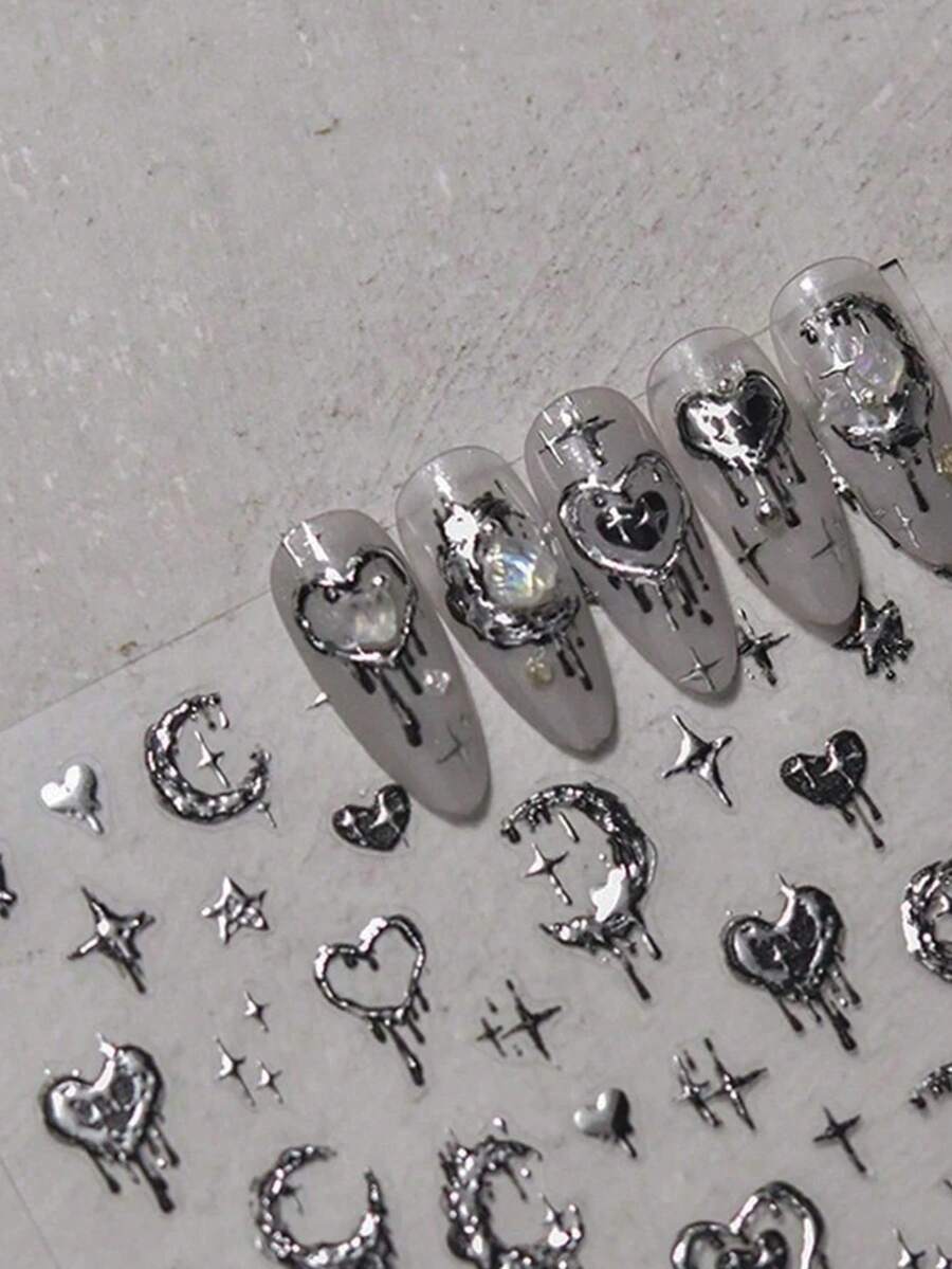 1pc Silver Melting Heart Moon Star Nail Art Stickers, 2000s Style Nail Decals, DIY Nail Decoration, Friend Gift. Apply On Nails, Then Top With Clear Nail Polish Or Sealant For Longer-Lasting, Beautiful Nails.
