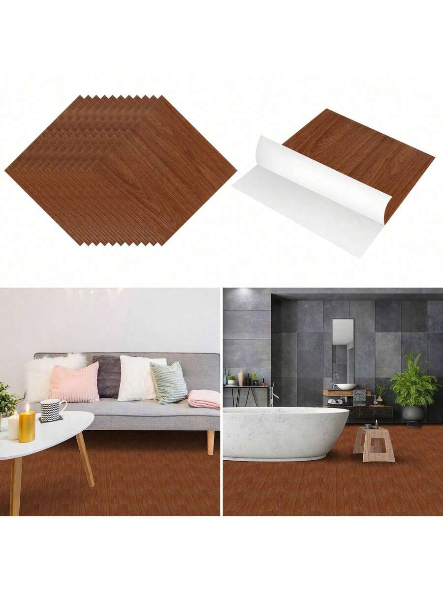 Lospitch PVC Self-Adhesive Floor Tiles - 30x30 Cm, 1/2/3/4/5 M², 11/22/33/44/55 Tiles, For Underfloor Heating, Black/Grey Marble & Wood Color - 木色木紋 - 查看 1