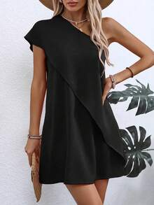 Lightweight Polyester Elegant Asymmetric Off-Shoulder Dress - Women's Fitted Casual Style