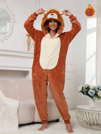 女士保暖羊毛圣诞派对狮子连体衣，连帽睡衣，男女通用，适合秋冬季节，蓬松柔软