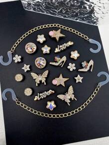 22pcs Gold Chain, Crystal Heart, Letter LOVE, ABS Rhinestone Pearl Butterfly, High Heel, Crystal Pentagram, Flower Shoe Buckle DIY Decorations, Multifunctional Shoe Clips Suitable For Women's Sandals, Slippers, Beach Bags, Great For Holiday & Birthday Party Gifts