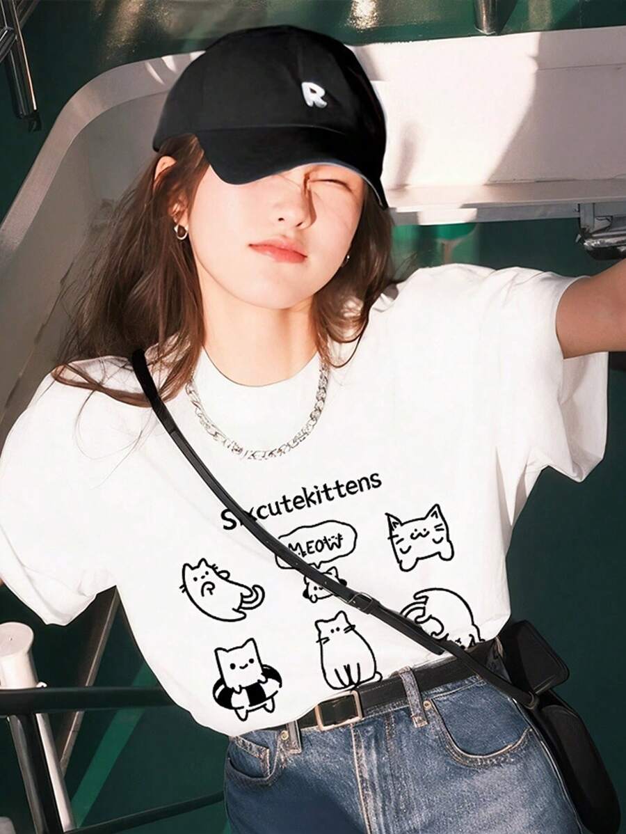 Made In Japan, Spring/Summer Cotton, Round Neck, Loose Fit, Versatile, Simple, English Print Short-Sleeve T-Shirt - 白色 - 查看 1