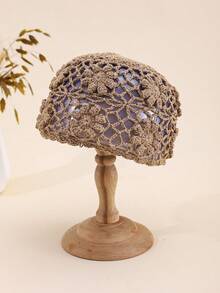 1件装女士复古镂空透气手工钩编花卉装饰多功能轻便头巾帽，适合户外和日常佩戴 - 草莓 - 查看 6