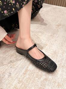 Xin Jing Shoes 2025秋季女士平底鞋时尚百搭编织镂空绑带平底增高通勤平底鞋穆勒鞋 - 黑色 - 查看 6