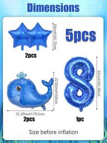 5pcs Blue Whale Theme Balloon Set, Including Blue 0-9 Number Foil Balloons, Blue Star And Blue Whale Balloons, Suitable For Boy Or Girl Birthday Decoration, Baby Shower, Ocean Theme - Multicolor - View 9