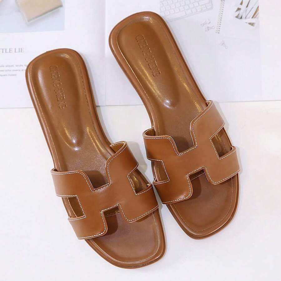 Womens Flat Sandals Open Toe Dressy Summer Sandals Comfortable Casual Slip On Leather Slides Sandals For Women AI-Sandal - màu nâu - Xem 1