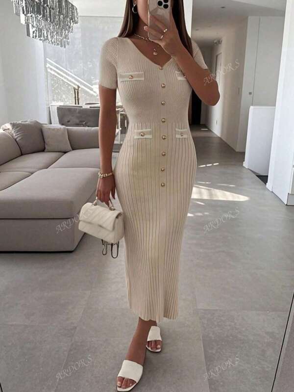 ARDOR S Lente-outfits voor vrouwen Elegante metalen knopen, gepaneelde zakken botsende kleuren, V-hals pasvorm Mode elegant casual comfortabel, Lente/zomer 2025 nieuwe trui, gebreide jurken voor vrouwen