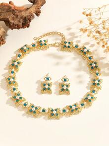 3pcs/Set Sky Blue Rhinestone & Faux Pearl Flower Earrings, Necklace & Jewelry Set, Party & Wedding Accessory - Blue - View 2