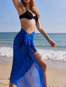 1pc Women's Black Chiffon Transparent Beach Shawl, Sexy Minimalist Long Sarong Bikini Cover Up, Suitable For Beach Travel, Vacation, Daily Wear,Holiday - Multicolor - View 2