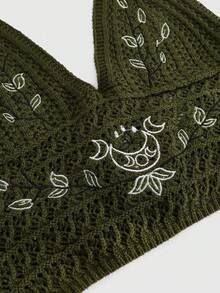 Elegant Hollow Embroidery Pattern Halter Neck Knit TopTop, Suitable For Vacation, Beach, Travel, Casual Wear, Available In Plus Size And Petite Summer - Olive Green - View 5