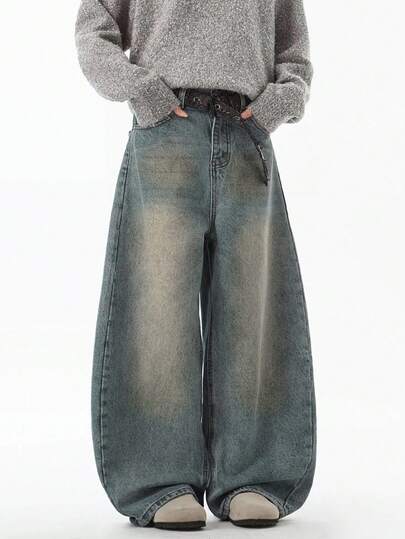 1件休闲宽松直筒牛仔裤，学院街头风男女通用设计