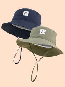 2pcs Kids Solid Color Embroidered Smiling Face Chin Strap Summer Sun Hat, Beach & Sun Ion - Army Green + Navy Blue ( Face) - View 7